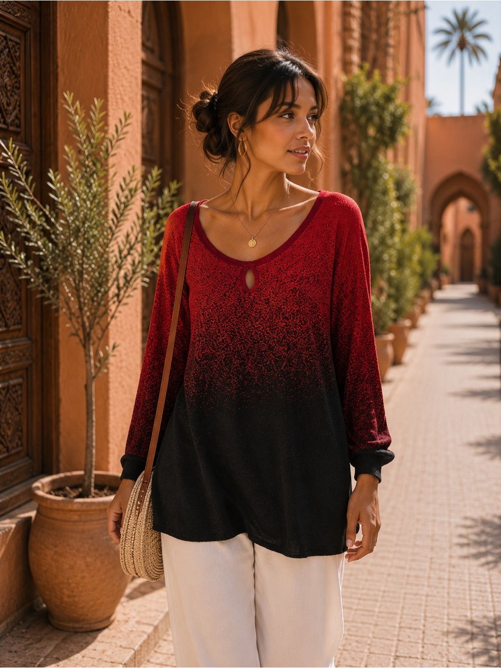 Red and Black Sweater with Keyhole Detail